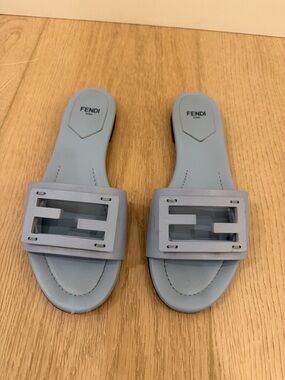 Fendi Light Blue Logo Slide Mules
